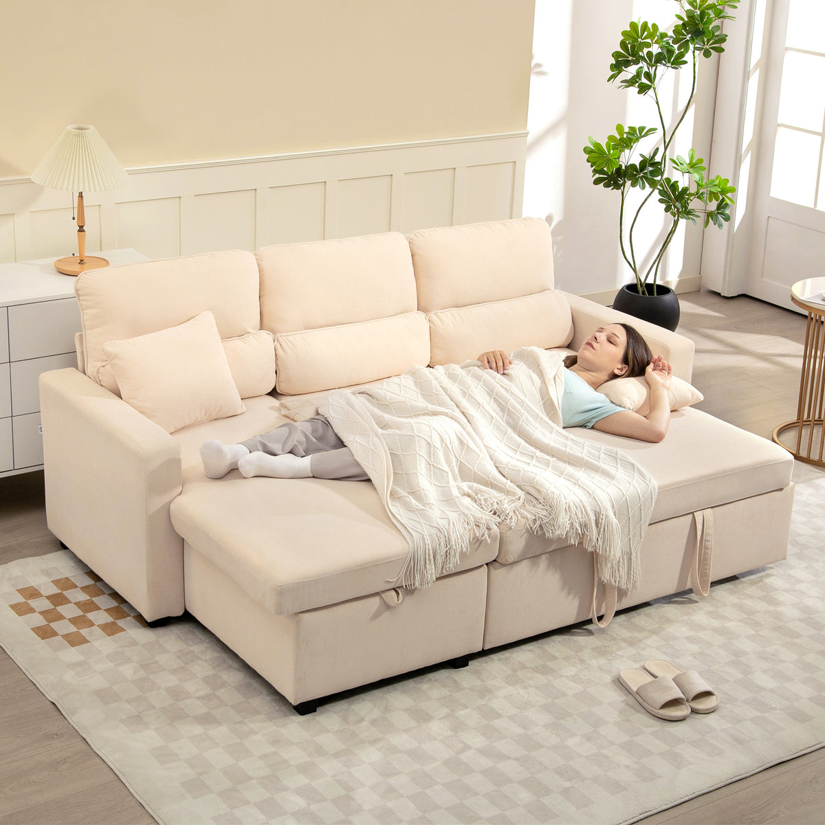 Canapé d'angle convertible en velours côtelé, canapé-lit 3 places avec rangement caché, coussins, 205x135x76cm, beige-8
