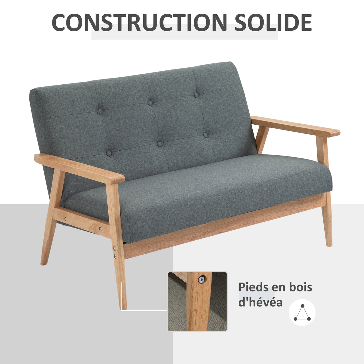 Canapé 2 places style scandinave avec accoudoirs, pieds en bois, 115l x 66,5P x 73H cm, gris-4