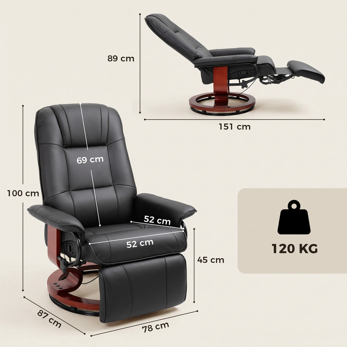 Fauteuil Relax Inclinable, Fauteuil de Salon, Repose-Pieds Réglable, Pivotant 360°, Piètement Bois, Revêtement Synthétique, Noir-2
