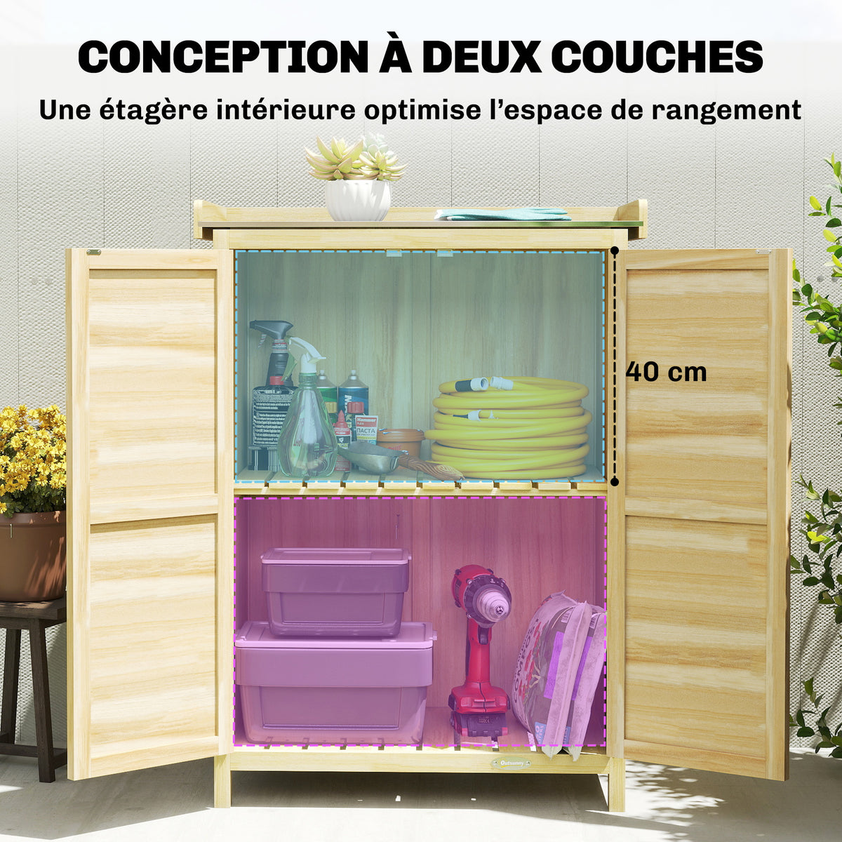 Armoire de jardin, armoire extérieure de rangement en bois, plan de travail en métal galvanisé, 71,5x39x95cm, naturel-5
