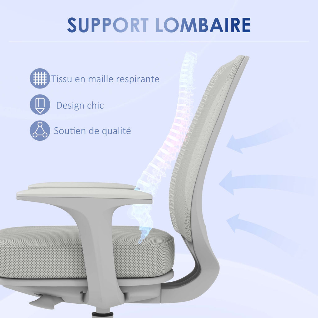 Chaise de bureau tissu mesh hauteur réglable pivotante 360° accoudoirs sur roulettes, gris-5