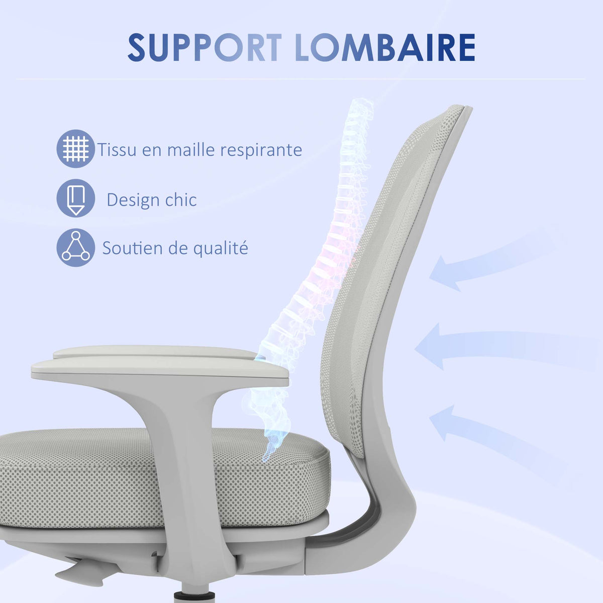 Chaise de bureau tissu mesh hauteur réglable pivotante 360° accoudoirs sur roulettes, gris-5