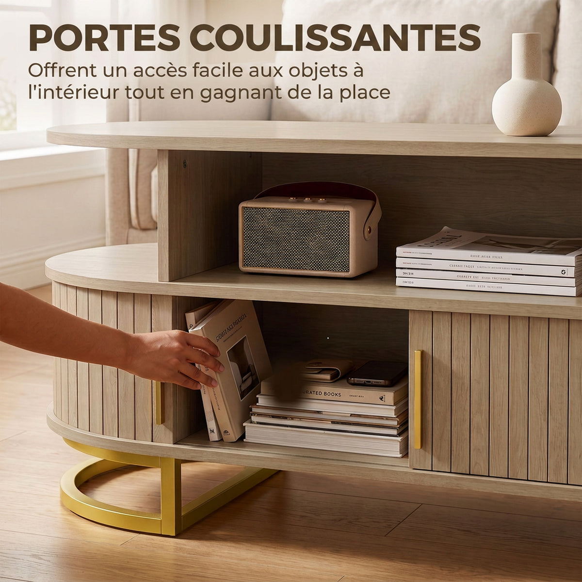 Table Basse Ovale, Table de Salon Moderne avec Portes à Tambour Coulissantes, Rangement Fermé, Étagères Ouvertes, Chêne-4
