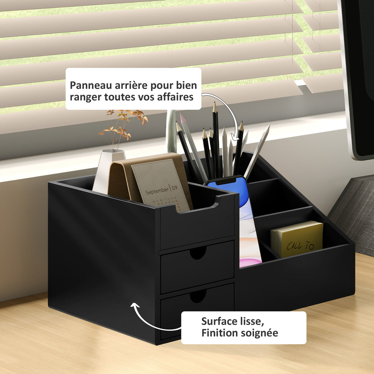 Boite de Rangement de Bureau - Organiseur de Bureau - 7 Compartiments, 2 tiroirs - Bambou Verni Noir-5