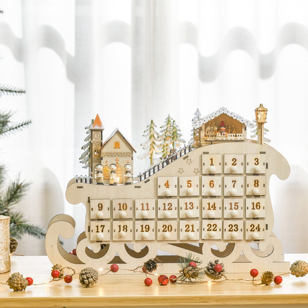 Calendario dell’Avvento di Natale in legno a slitta con 24 cassetti e 10 LED