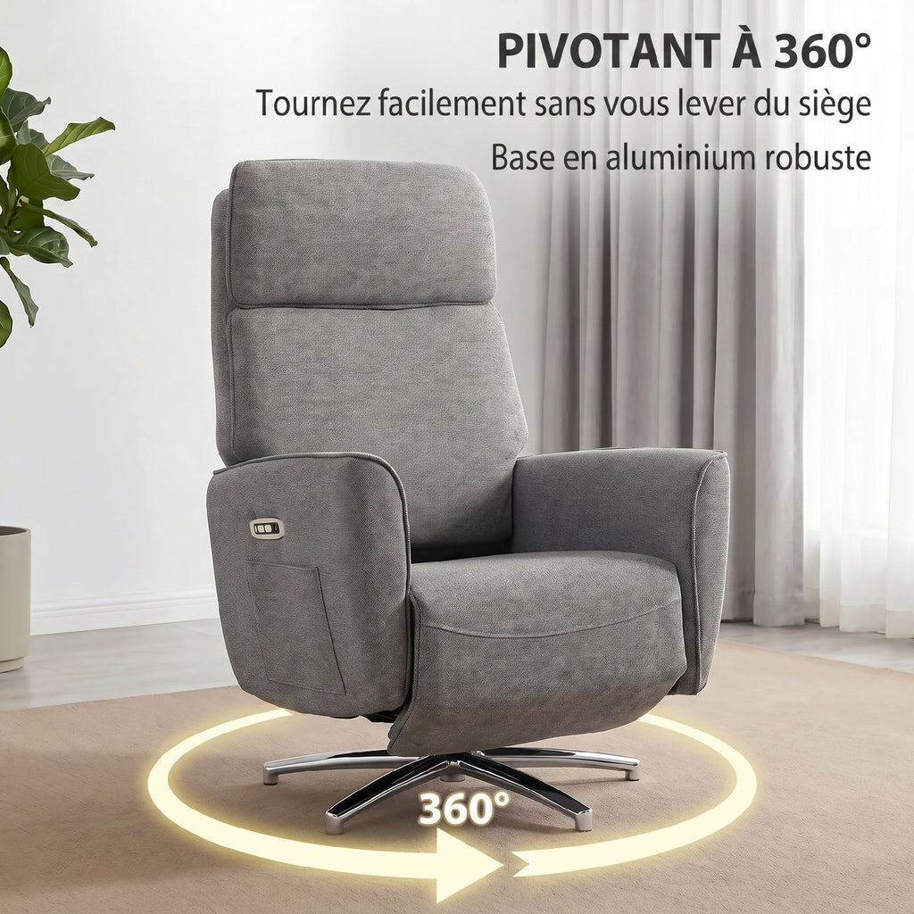 Fauteuil Relax Électrique Pivotant 360°, Fauteuil Inclinable avec Appui-Tête Réglable, Ports USB, Tissu en Lin, Gris-5