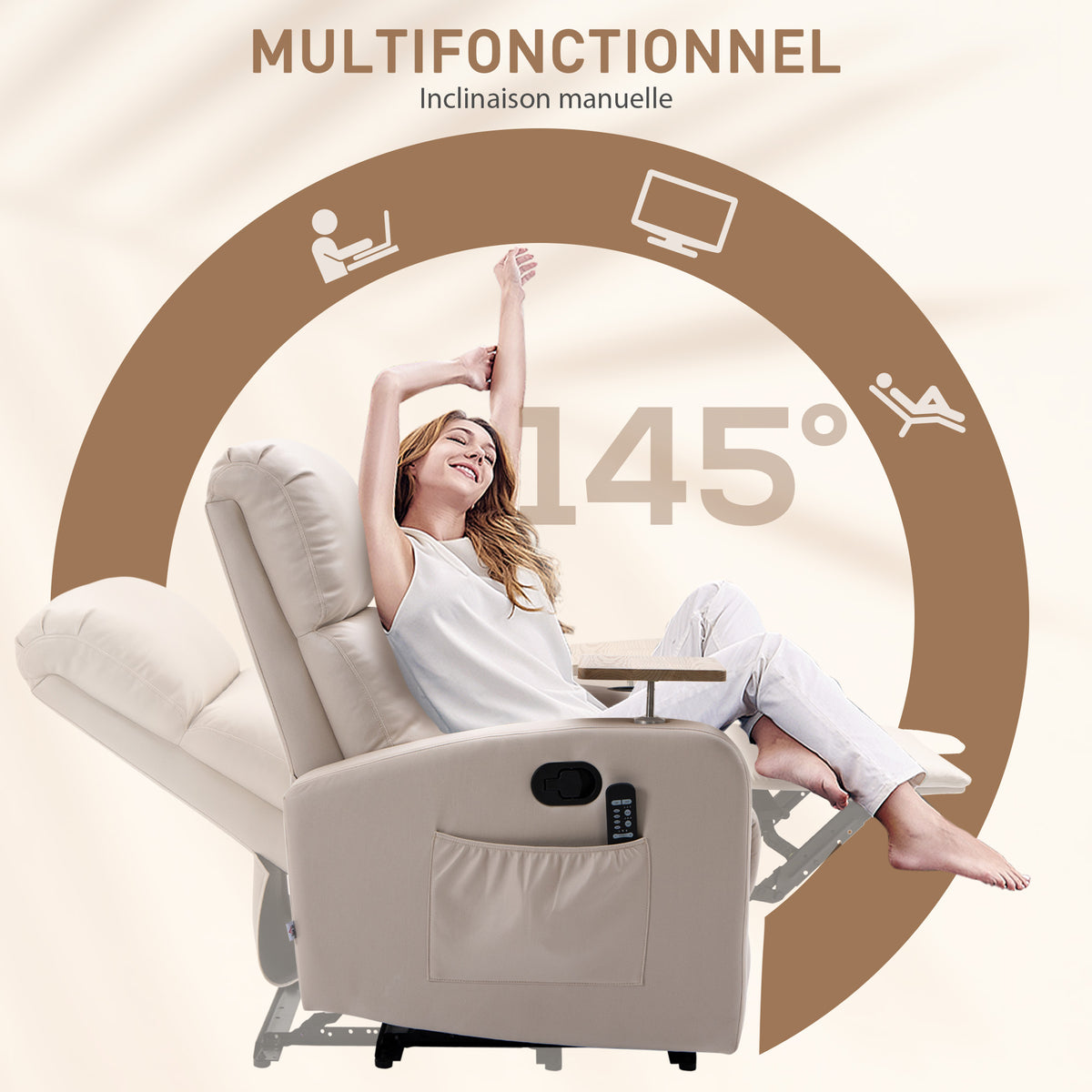 Fauteuil de relaxation fauteuil de massage inclinable avec Tablette, Poches latérales et Télécommande chaise TV-4