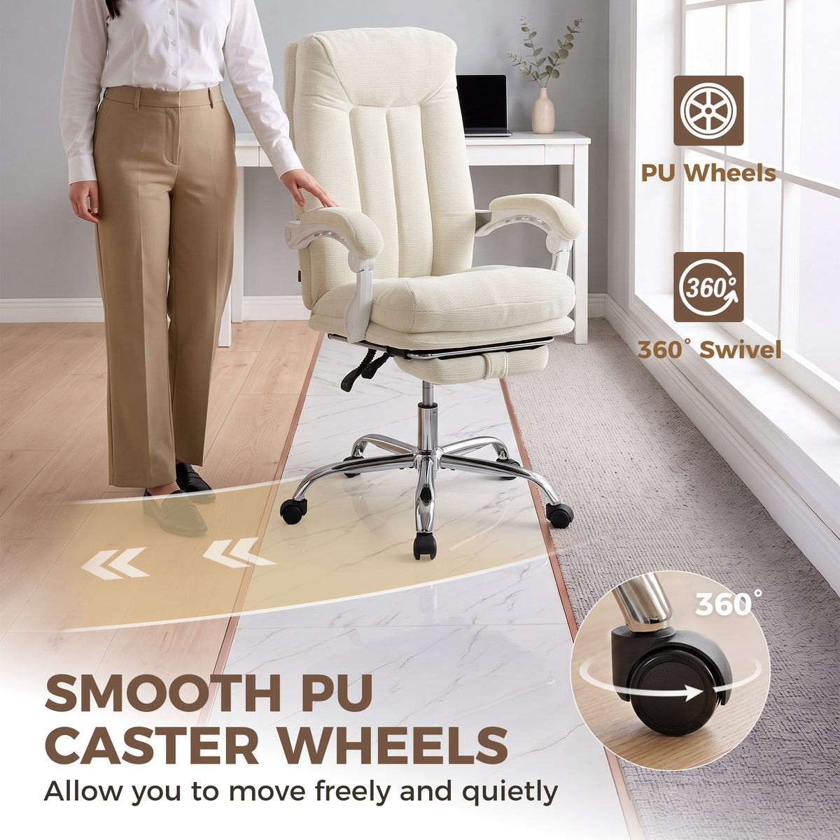 Chaise Bureau Ergonomique, Fauteuil de Bureau Inclinable en Chenille, Hauteur Réglable, Repose-Pieds, Crème-7