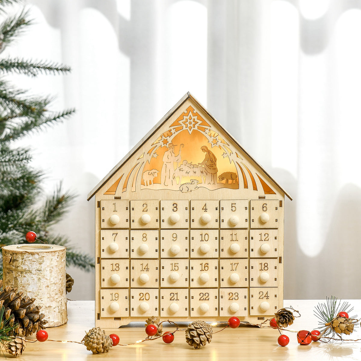 Calendario dell’Avvento in legno con 24 cassetti e presepe LED