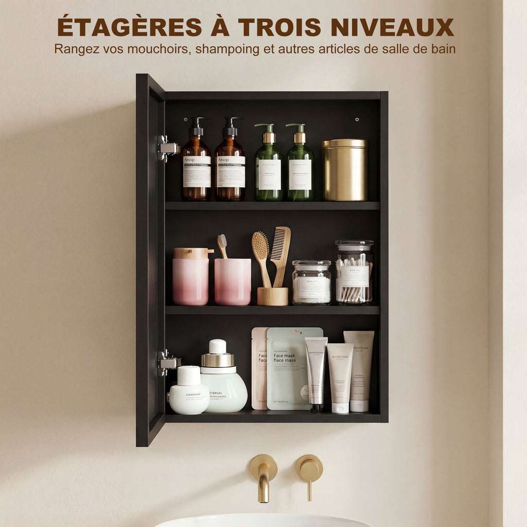 Armoire miroir de salle de bain armoire murale armoire à glace avec 1 porte et 2 étagères en acier 40 x 12 x 60 cm noir-3