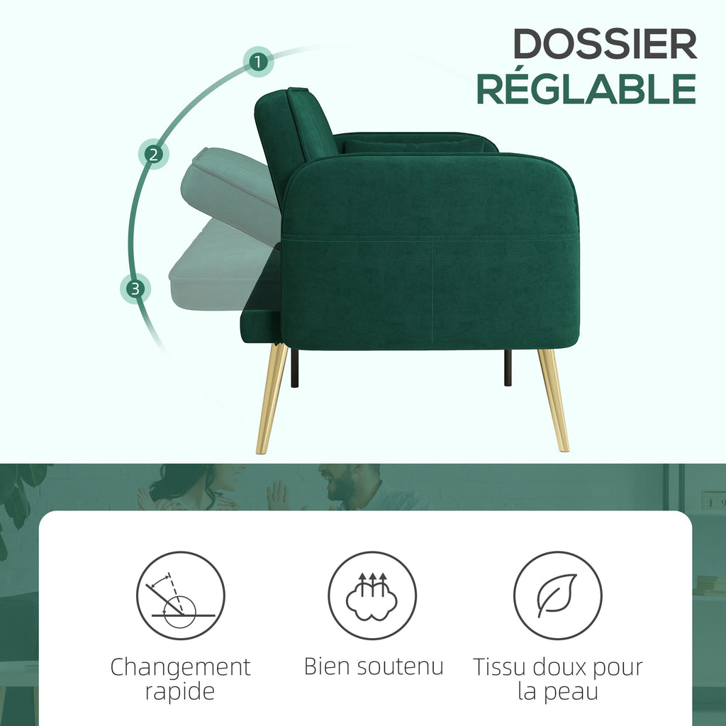 Canapé convertible 2 places canapé-lit canapé clic-clac en tissu velours avec dossier réglable, vert foncé-4
