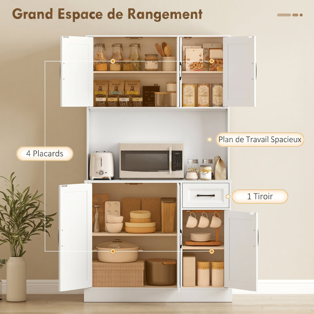 Buffet Haut Cuisine Moderne, 6 Portes, 1 tiroir, 1 Compartiment Ouvert, Étagères Réglables, 100 x 39,5 x 180,5 cm, Blanc-3