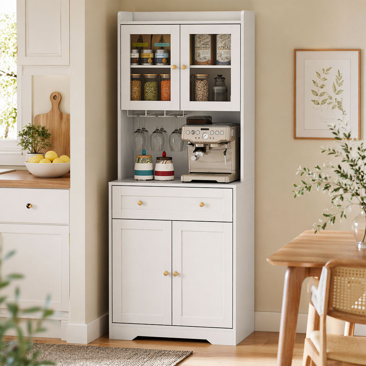 Buffet Haut Cuisine, Armoire de Cuisine, 4 Portes, Tiroir, Plan de Travail et Étagères Réglables, Blanc-9