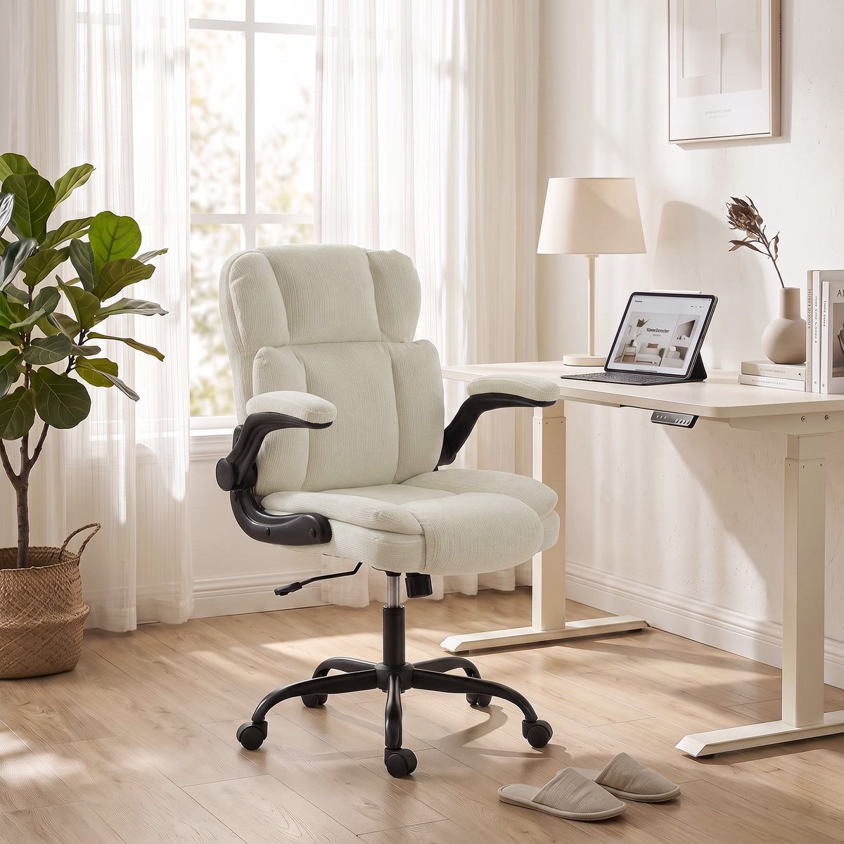 Chaise de Bureau Ergonomique en Chenille, Fonction Bascule, Accoudoirs Relevables, Hauteur Réglable, 70x67x108cm, Beige-9