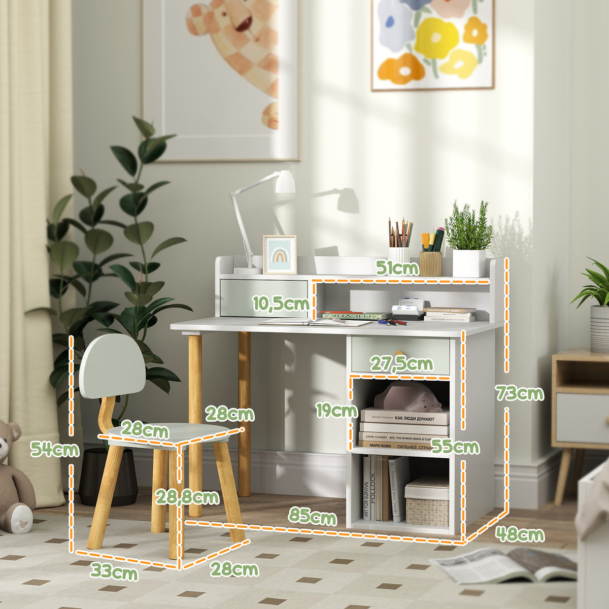 Bureau enfant avec chaise, table enfant et chaise avec 2 tiroirs et étagères ouvertes, 85 x 48 x 73 cm, vert-2