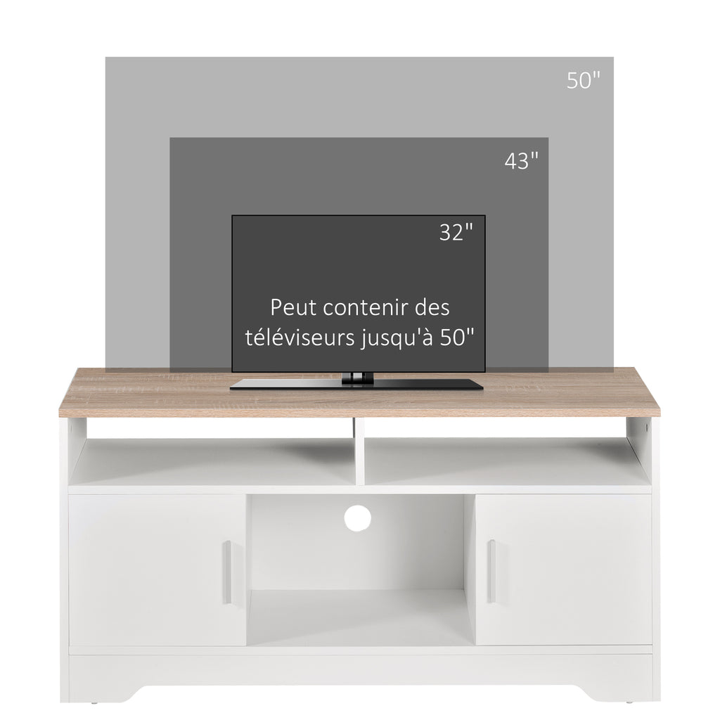 Meuble TV banc TV en bois grand espace de rangement avec 2 compartiments ouverts 2 armoires à porte une armoire ouverte 105 x 40 x 52 cm blanc-3