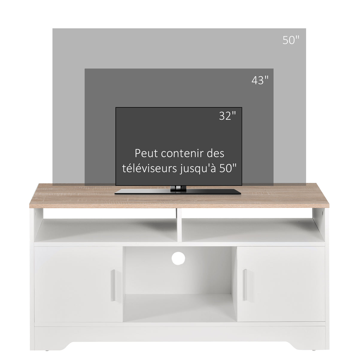 Meuble TV banc TV en bois grand espace de rangement avec 2 compartiments ouverts 2 armoires à porte une armoire ouverte 105 x 40 x 52 cm blanc-3