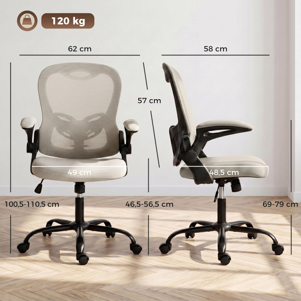 Chaise Bureau Ergonomique, Fauteuil de Bureau Maille, Accoudoirs Relevables, Hauteur Réglable, Fonction Bascule, Beige-2