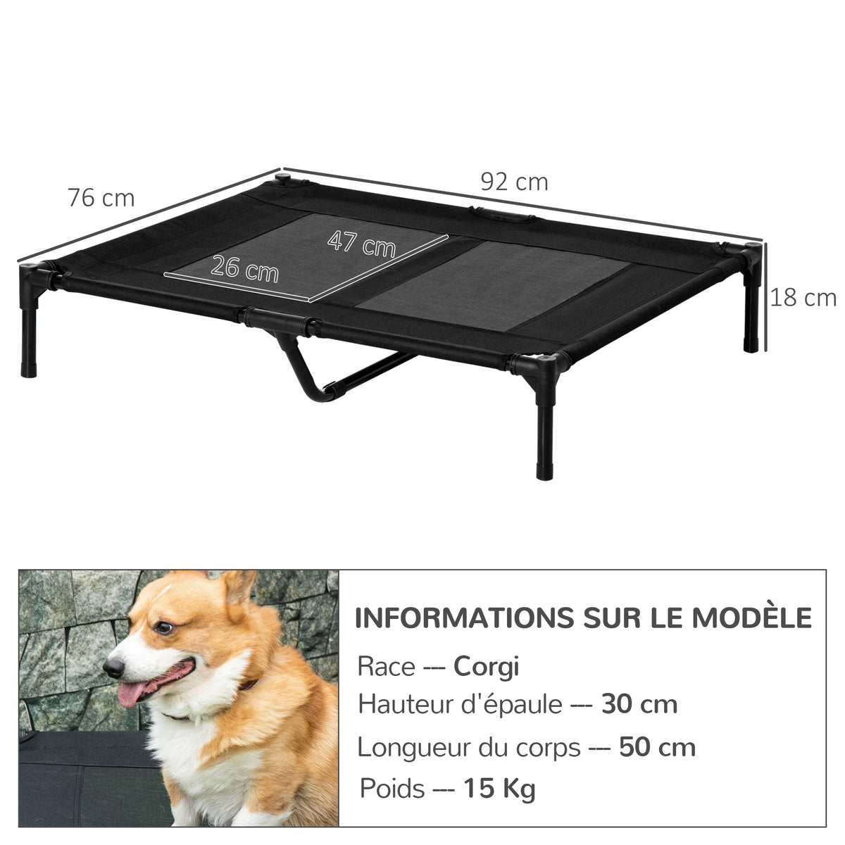 Lit sur pieds lit pour chien chat lit de camp lit surélevé animaux grand confort tissu Oxford textilène micro-perforé métal 92L x 76l x 18H cm noir-2