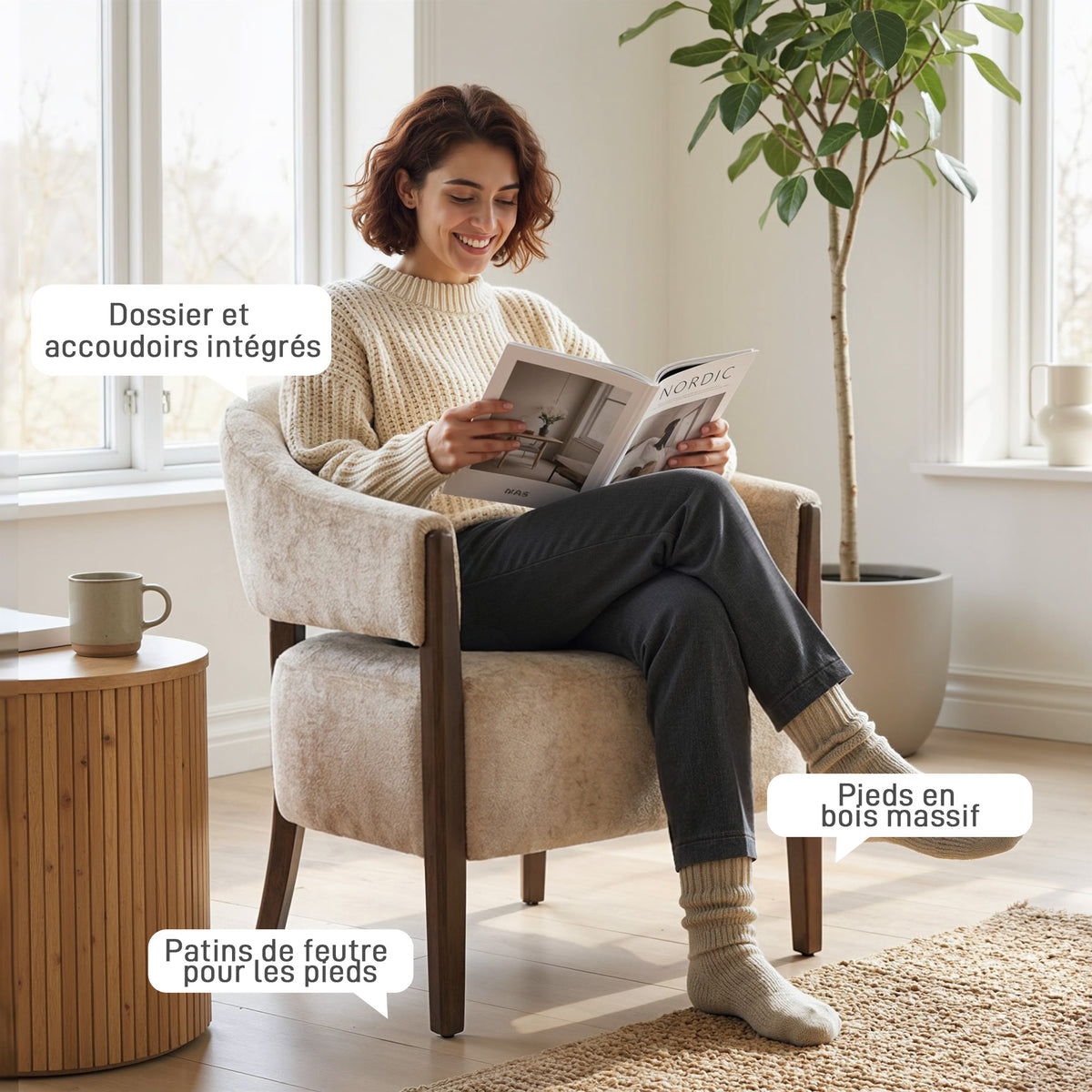 Fauteuil de salon en chenille, chaise rembourrée, assise large, dossier ergonomique, accoudoirs, 71x63,5x78,5cm, beige-6