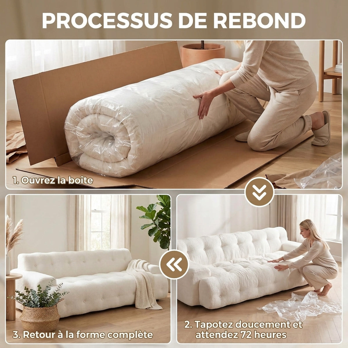 Canapé 3 Places en Chenille 211 cm, Canapé Salon, Assise Profonde, Entièrement Compressé Sans Montage, Crème-6