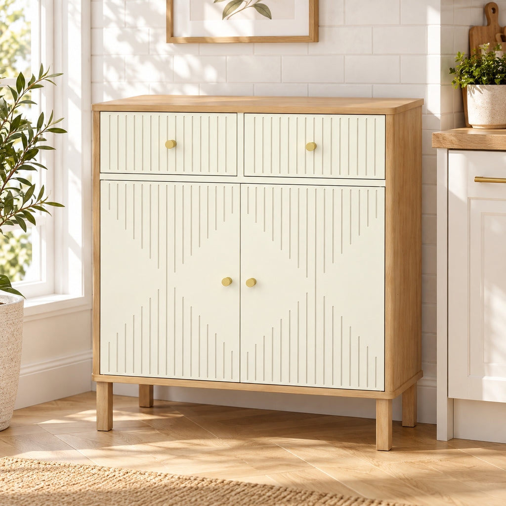 Buffet, meuble de rangement cannelé avec plateau effet chêne, 2 tiroirs, 2 portes, étagère réglable, 77x30x80cm, crème-1