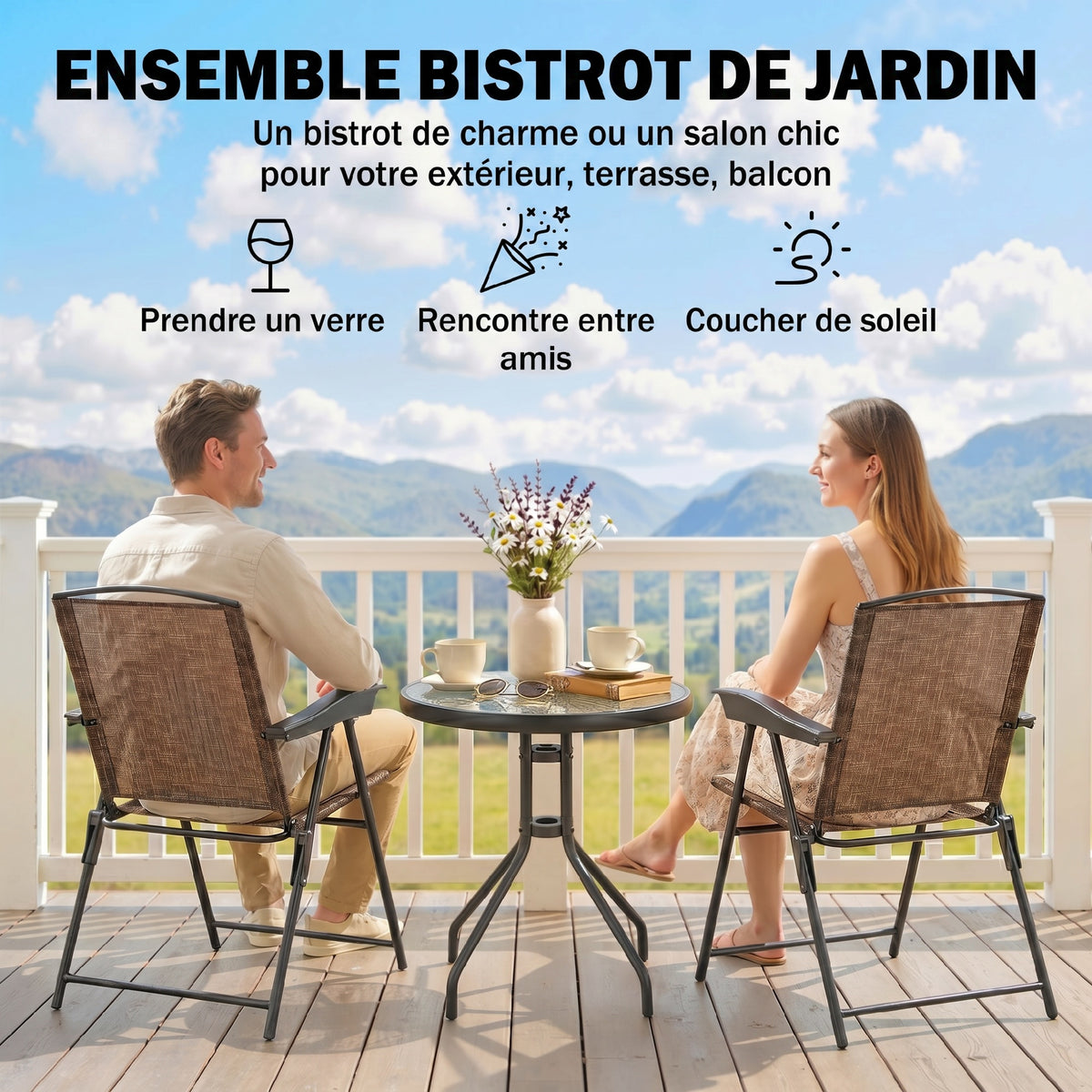 Ensemble de Jardin 3 pièces 2 chaises inclinables Multi-Positions Pliables + Table Ronde Verre trempé métal-3
