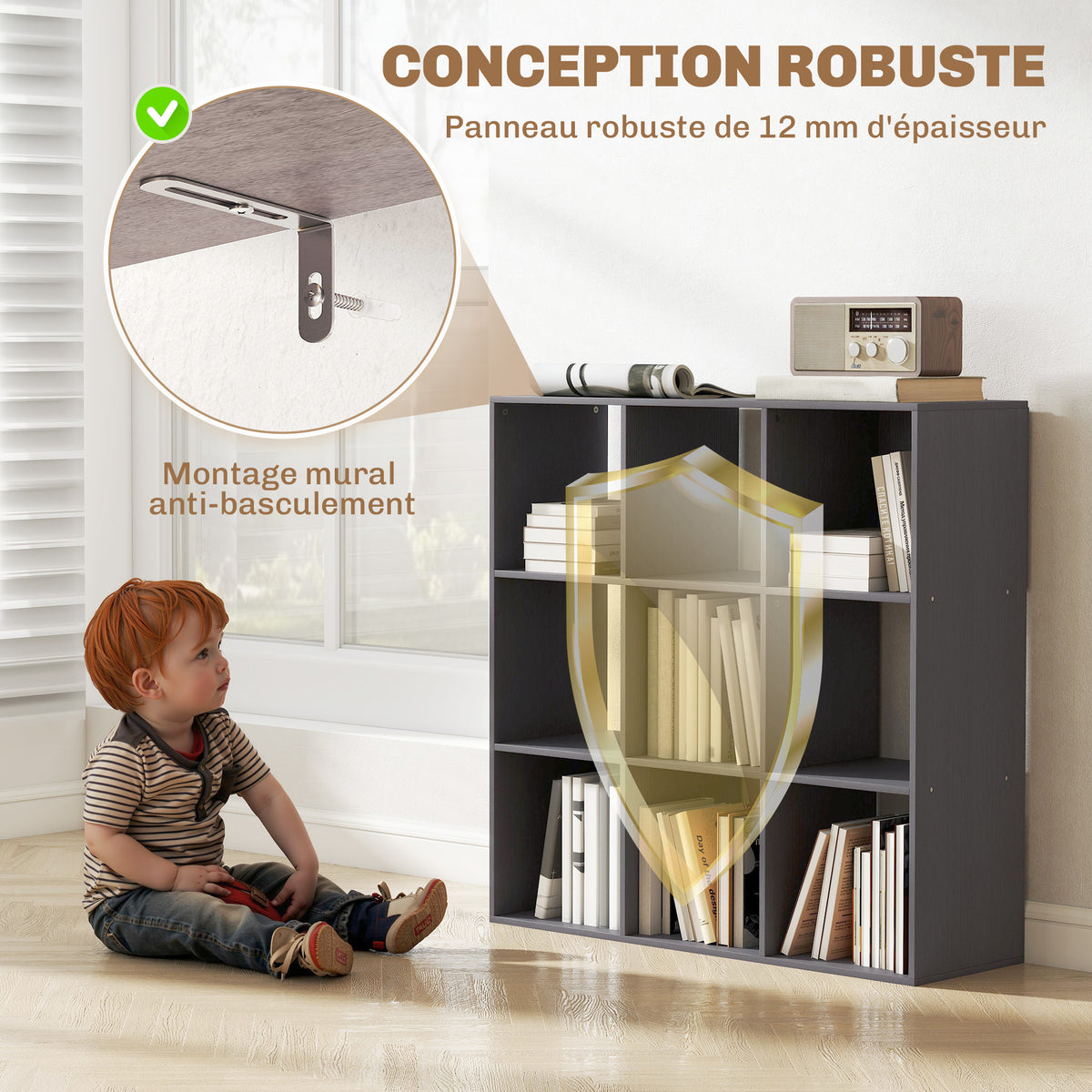 Bibliothèque, étagère de rangement à 3 niveaux avec 9 compartiments, pour salon, bureau, chambre, 91x29,5x91cm, gris-4