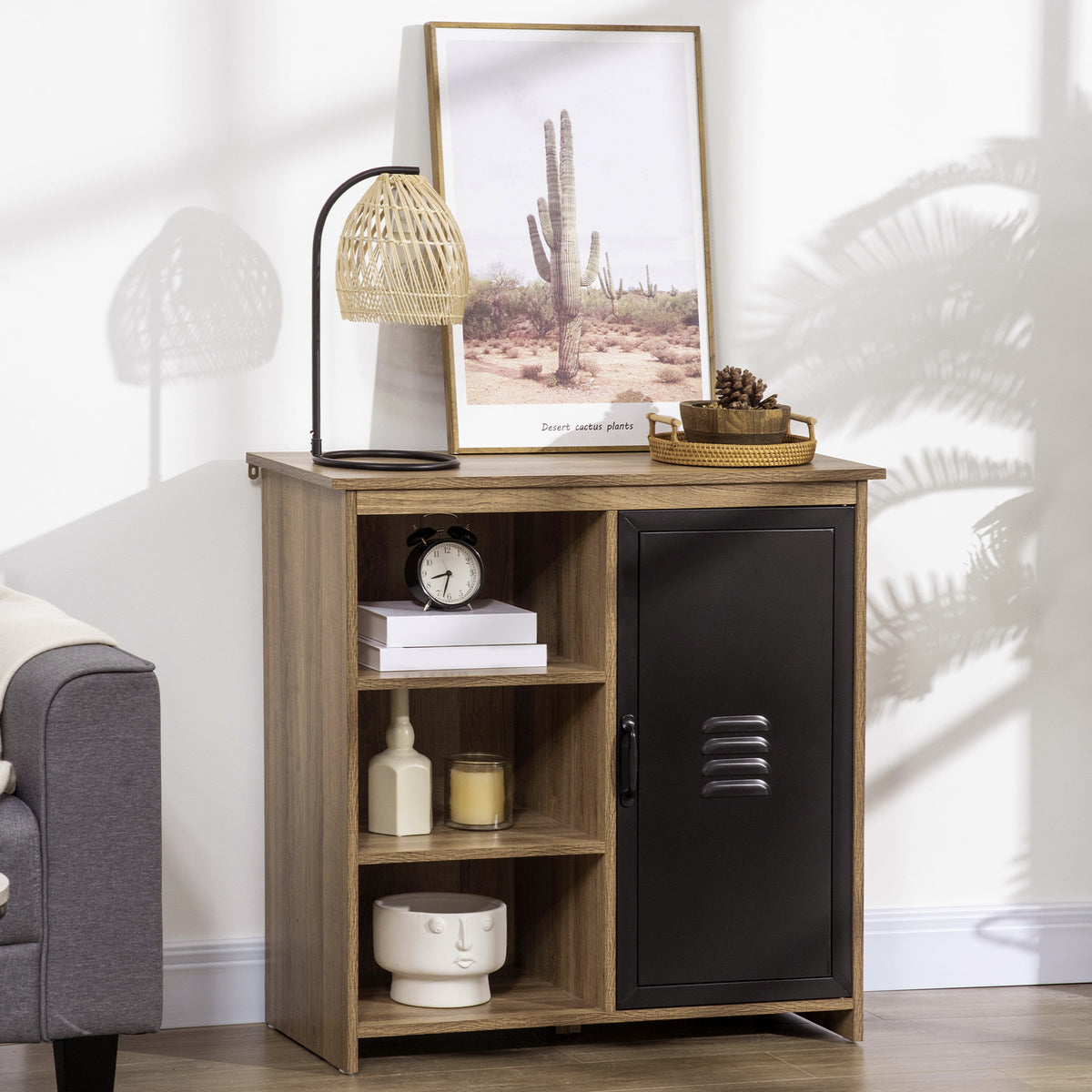 Buffet Industriel - Meuble de Rangement sur pied 3 niches Placard - en Bois et Porte métal Noir-9