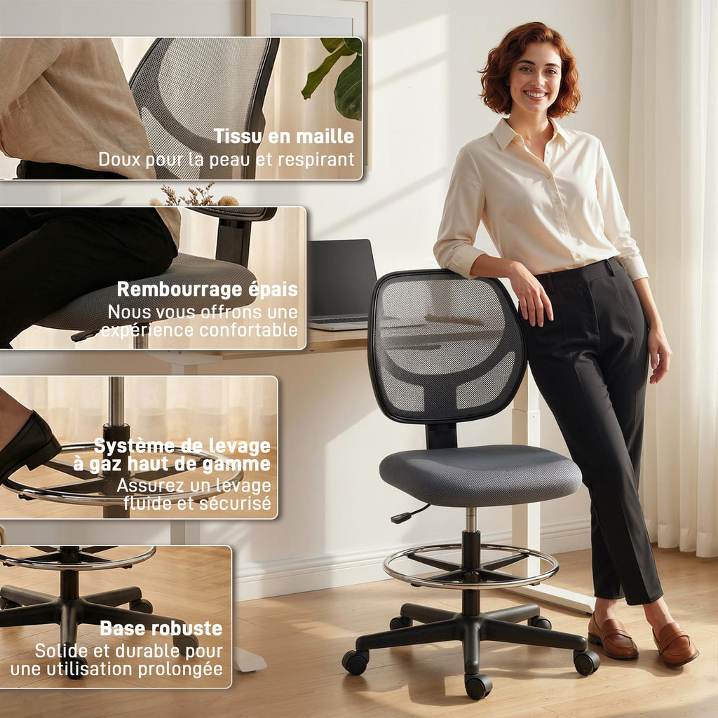 Chaise bureau ergonomique, fauteuil de bureau avec repose-pieds, chaise à dessin en maille, hauteur réglable, gris foncé-7