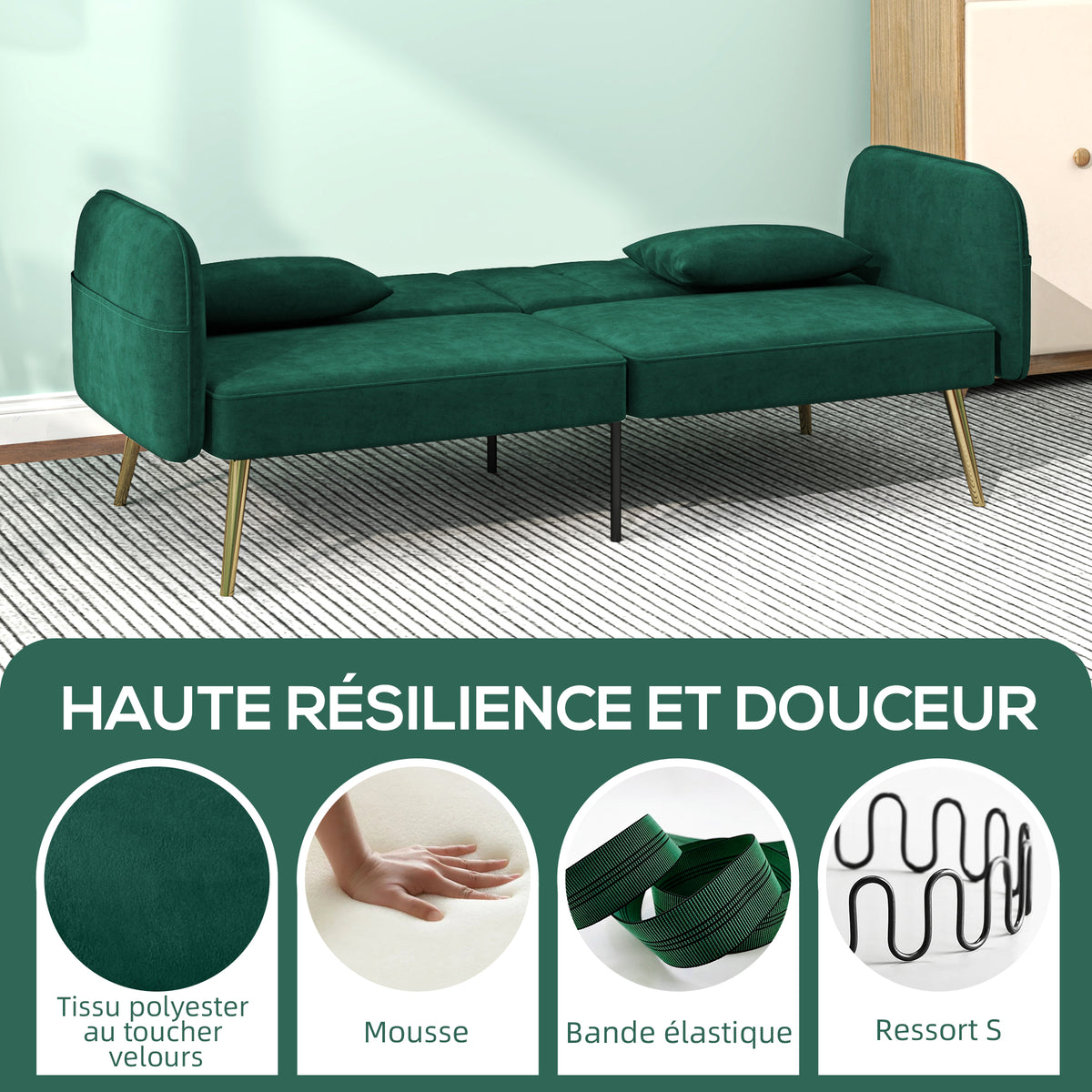 Canapé convertible 2 places canapé-lit canapé clic-clac en tissu velours avec dossier réglable, vert foncé-5
