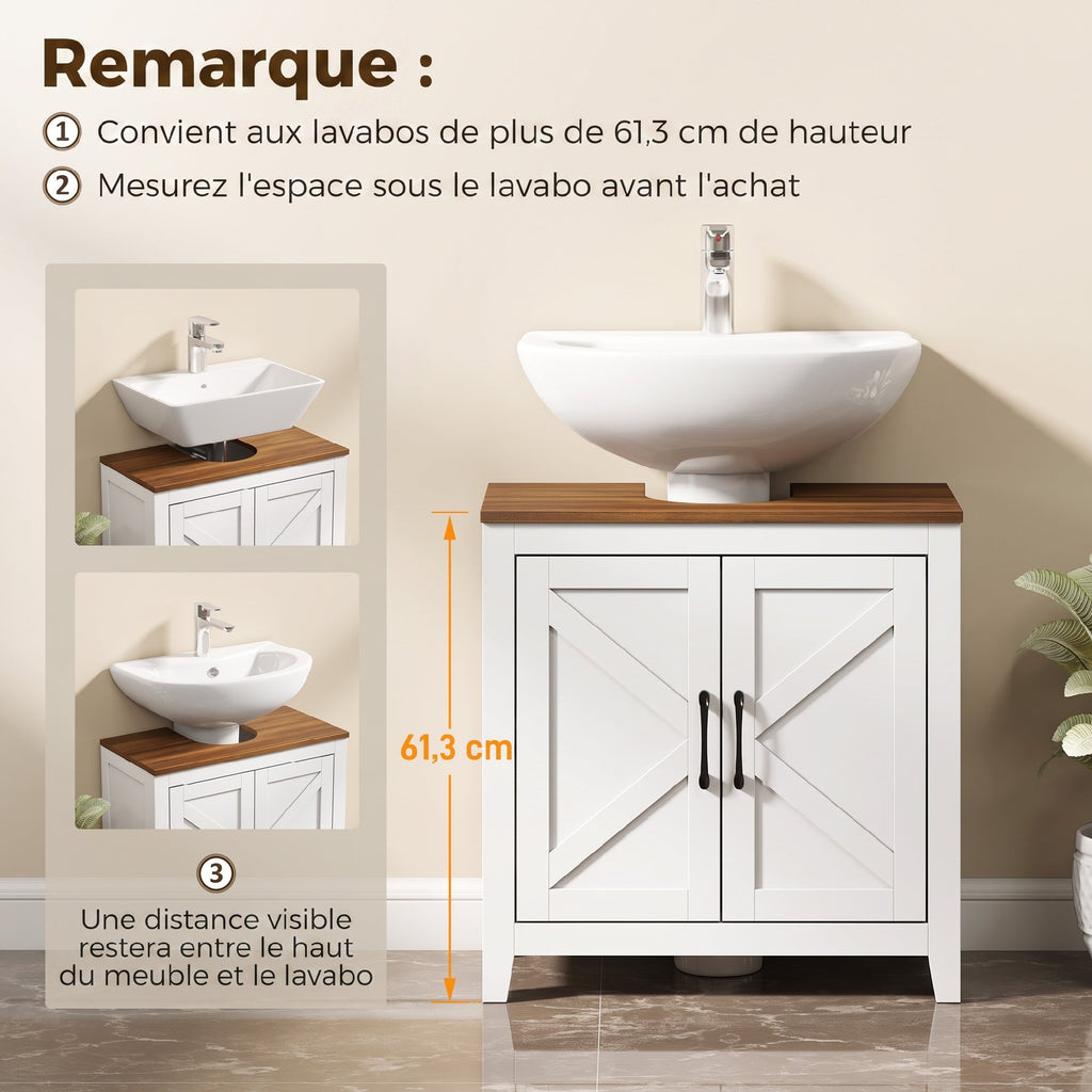Meuble sous lavabo, meuble de salle de bain moderne avec 2 portes de grange et étagère réglable, blanc-4