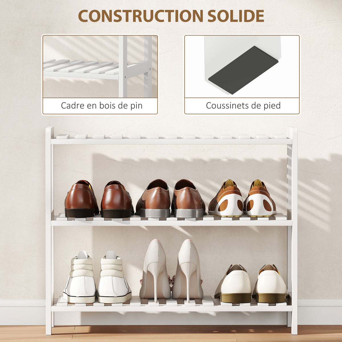 Étagère à chaussures, porte-chaussures 3 niveaux, étagères à lattes, en bois de pin， 70 x 26 x 57,5 cm, blanc-5