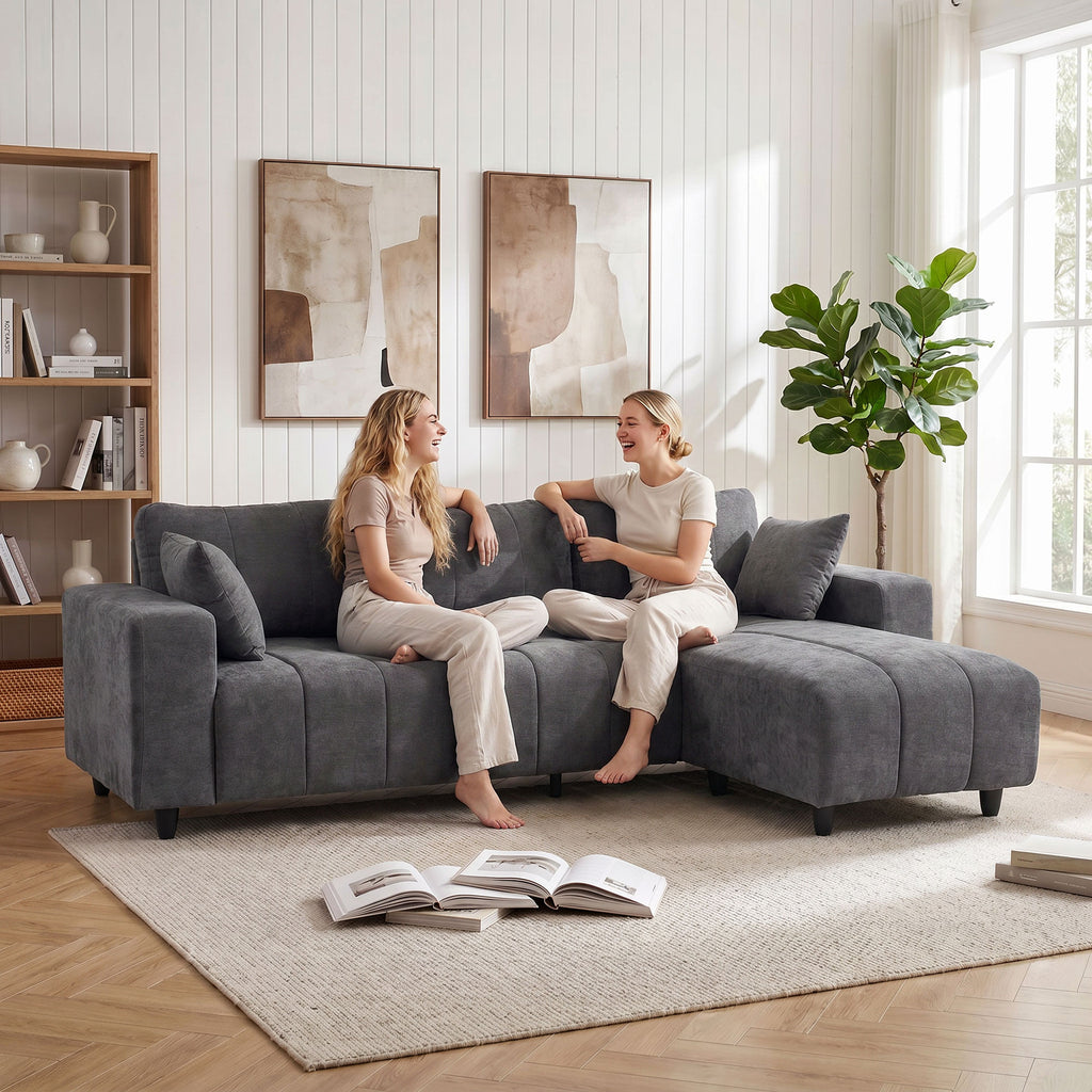 Canapé d'Angle Modulable 242 cm, Canapé 4 Places en L avec Méridienne Réversible, 2 Oreillers, Tissu Aspect Lin, Gris-9