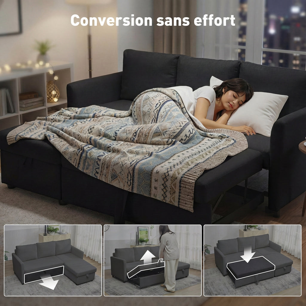 Canapé d'Angle Convertible, Canapé-Lit 3 Places 192 cm avec Méridienne Réversible, Rangement Caché, Gris Anthracite-3