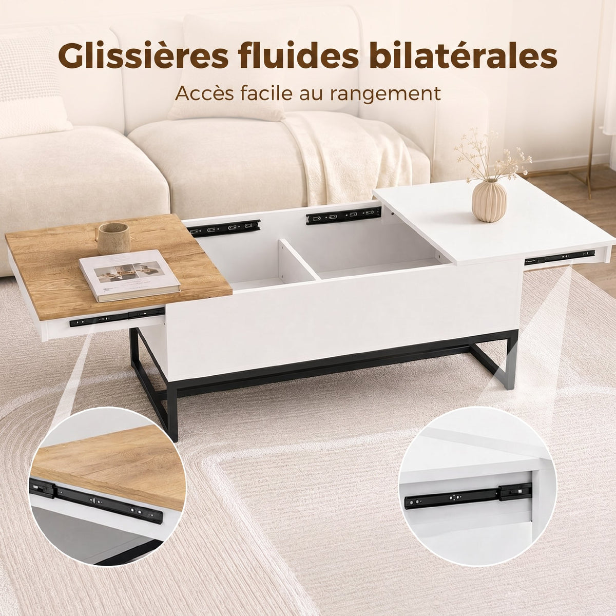 Table Basse Extensible avec Plateau Coulissant, Table de Salon avec Rangement Caché et Pieds en Acier, Blanc-3
