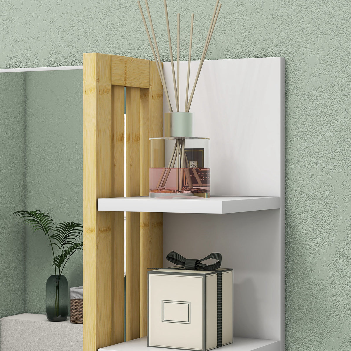 Miroir mural de salle de bain avec 3 étagères latérales 1 étagère inférieure en bambou 45 x 15 x 58,5 cm blanc-7