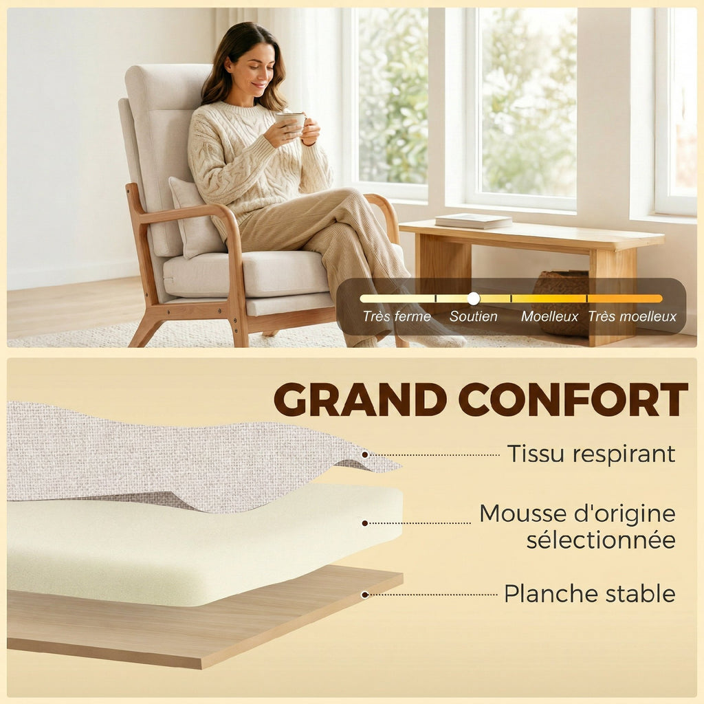 Fauteuil salon, fauteuil d'appoint rembourré en lin avec large assise, support lombaire, haut dossier, 64x86x93cm, crème-3