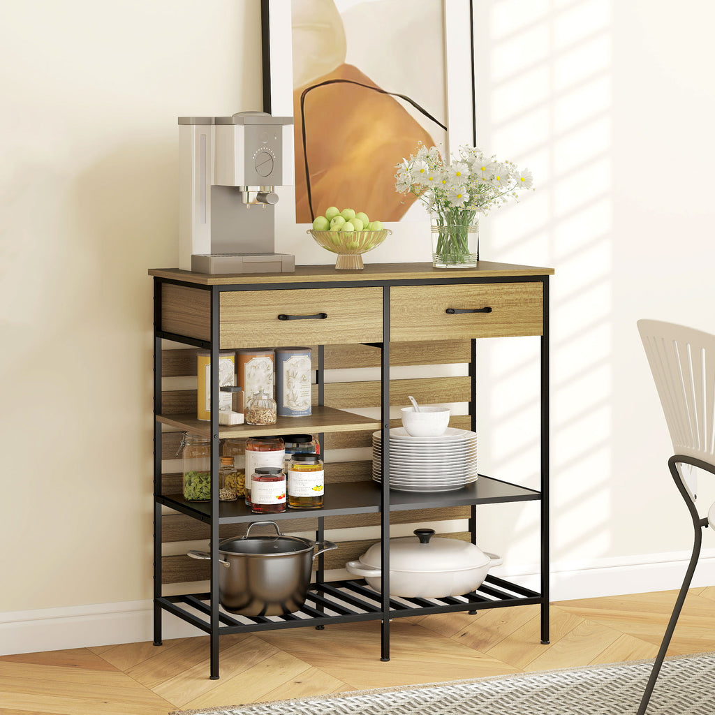 Buffet cuisine, meuble de rangement avec 2 tiroirs et 3 étagères ouvertes, 90 x 40 x 91 cm, bois naturel et noir-1