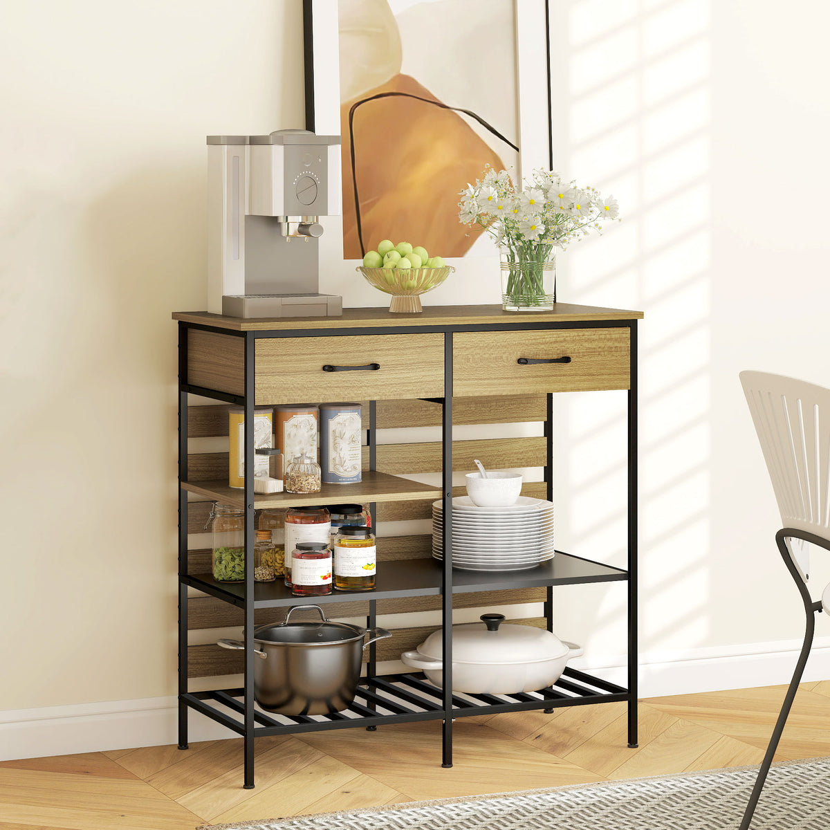 Buffet cuisine, meuble de rangement avec 2 tiroirs et 3 étagères ouvertes, 90 x 40 x 91 cm, bois naturel et noir-1