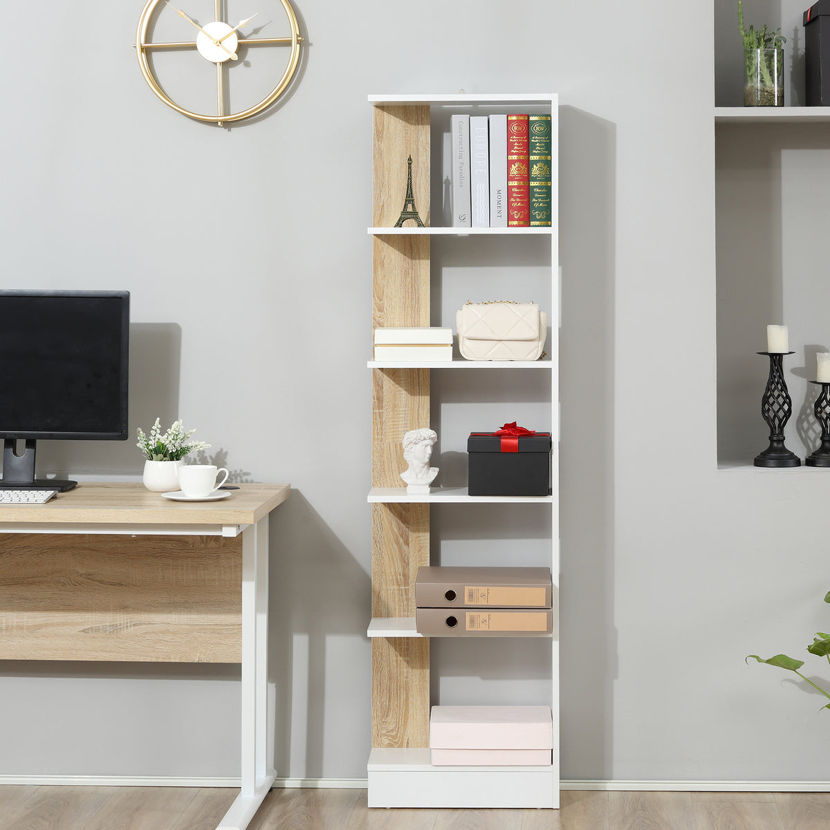 Bibliothèque Étagère de Rangement avec 5 Compartiments Ouverts Design Simple Moderne Blanc et Chêne-7