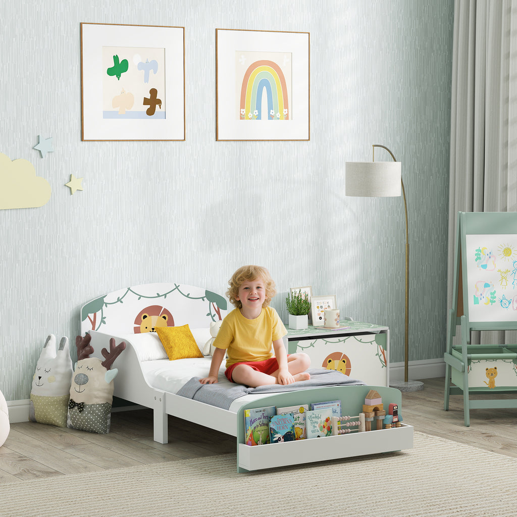 Lit enfant 70 x 140 cm, lit pour enfant avec barriere de securite et sommier à lattes, espace de rangement, vert-1