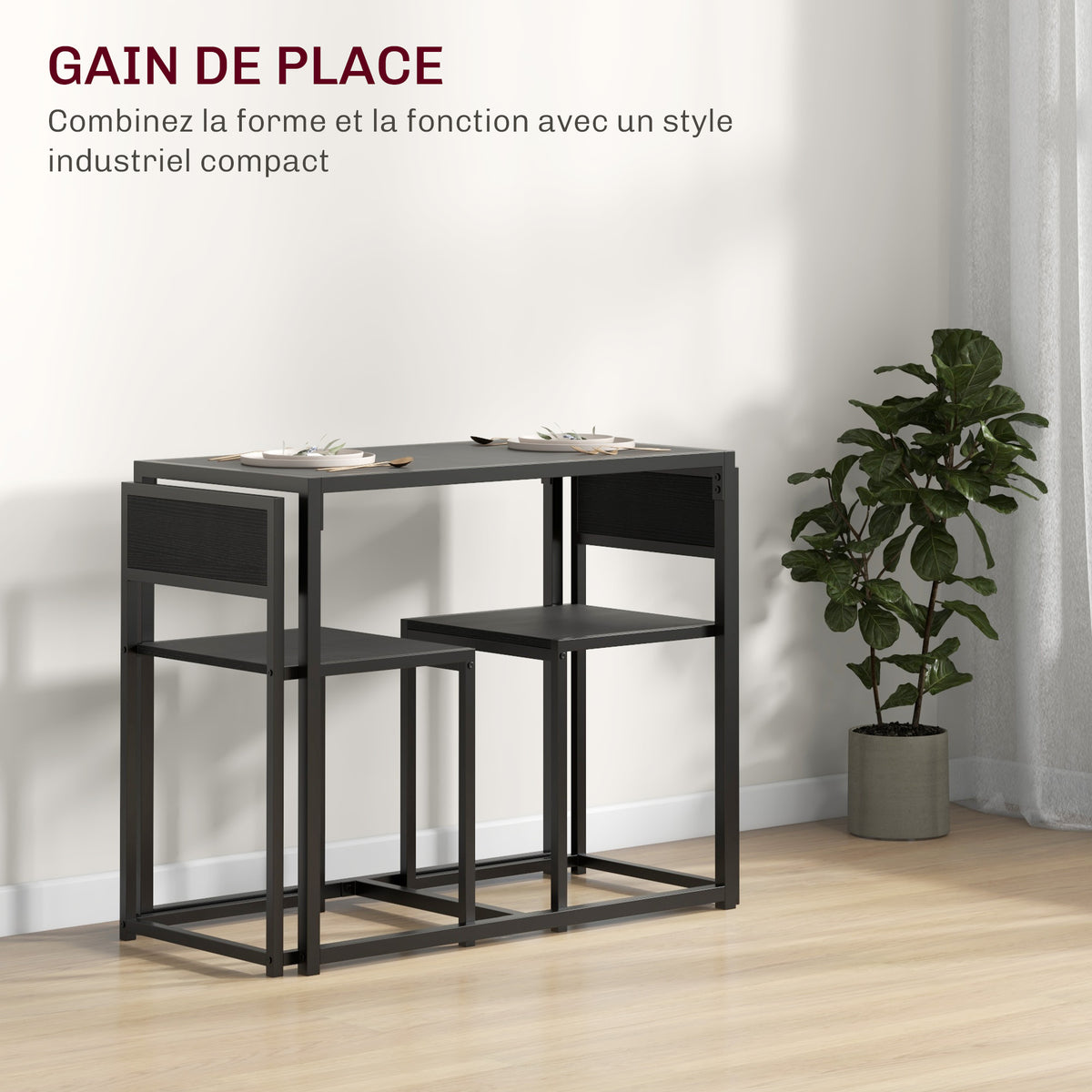 Ensemble table et chaises , table à manger 3 pièces avec 2 chaises encastrables, pour cuisine salon maison, noir-3