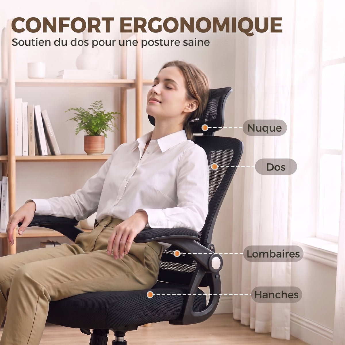 Chaise Bureau Ergonomique, Accoudoirs Relevables, Appui-tête, Fonction Basculante, Hauteur Réglable, 59x62x125cm, Noir-4