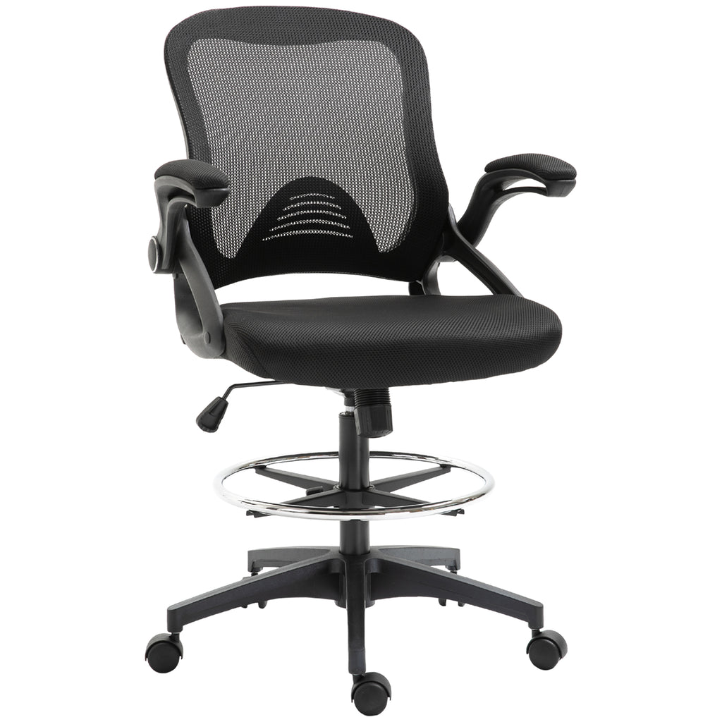 Chaise bureau ergonomique, fauteuil de bureau avec repose-pieds, chaise de dessin à dossier en maille, hauteur réglable, accoudoirs, assise rembourrée et pivotante 360°, noir-0