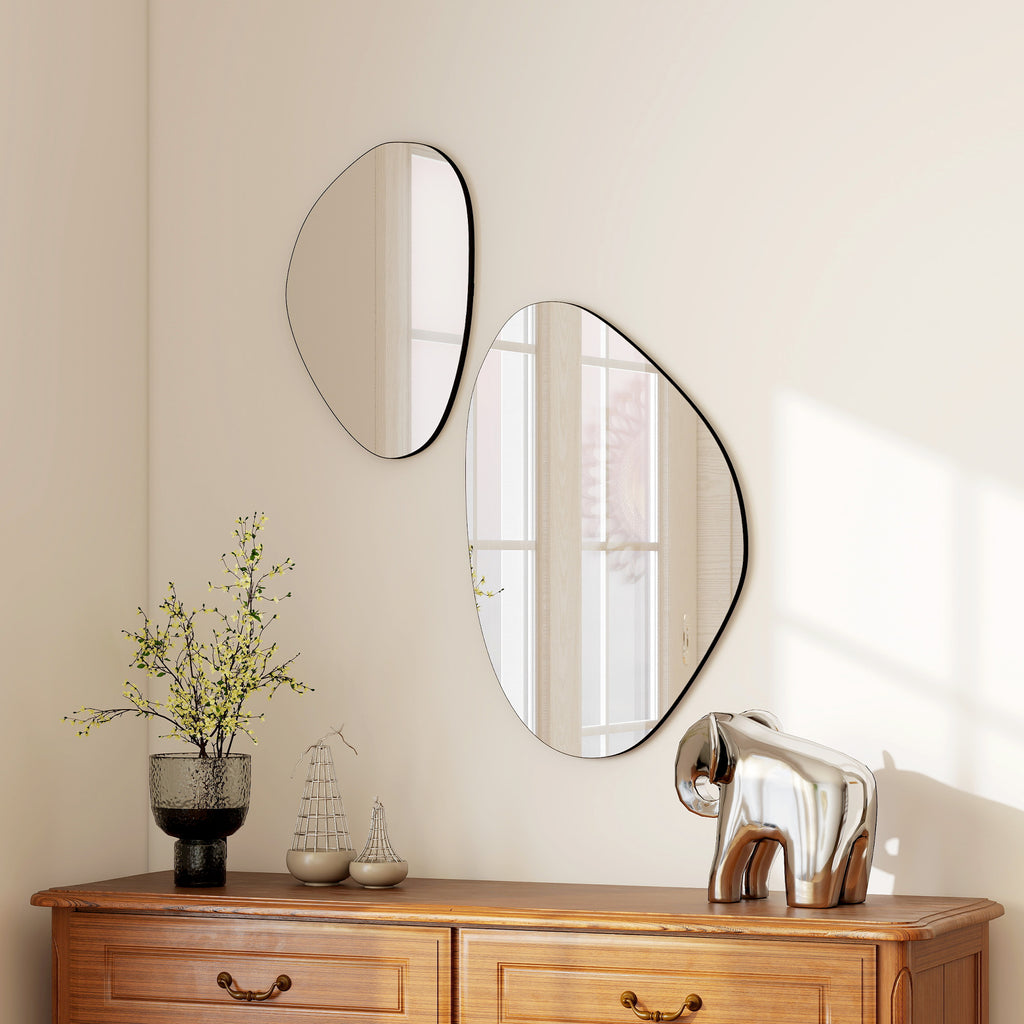 Lot de 2 miroirs muraux, miroirs décoratifs irréguliers en forme de galet, cadre en métal, 70 x 46 cm/49,5 x 31 cm, noir-9