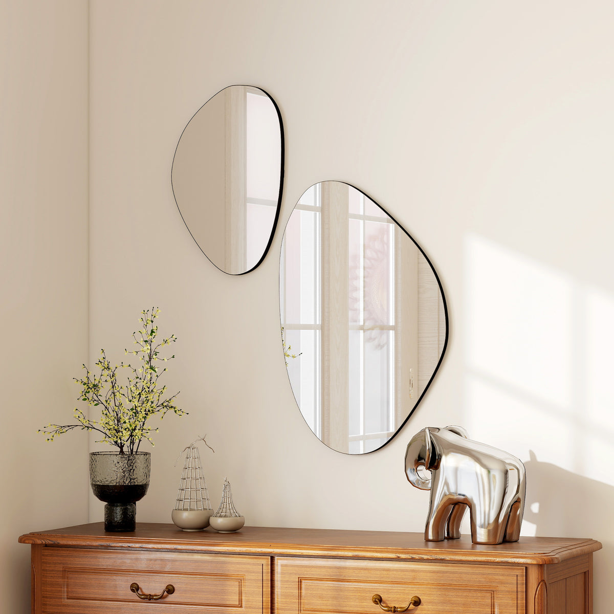 Lot de 2 miroirs muraux, miroirs décoratifs irréguliers en forme de galet, cadre en métal, 70 x 46 cm/49,5 x 31 cm, noir-9