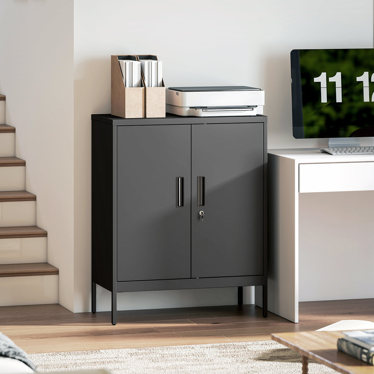 Armoire de Bureau Métallique, 80 x 40 x 100 cm, Meuble de Rangement, Serrure, 2 Portes et 2 Étagères Réglables, Noir-9