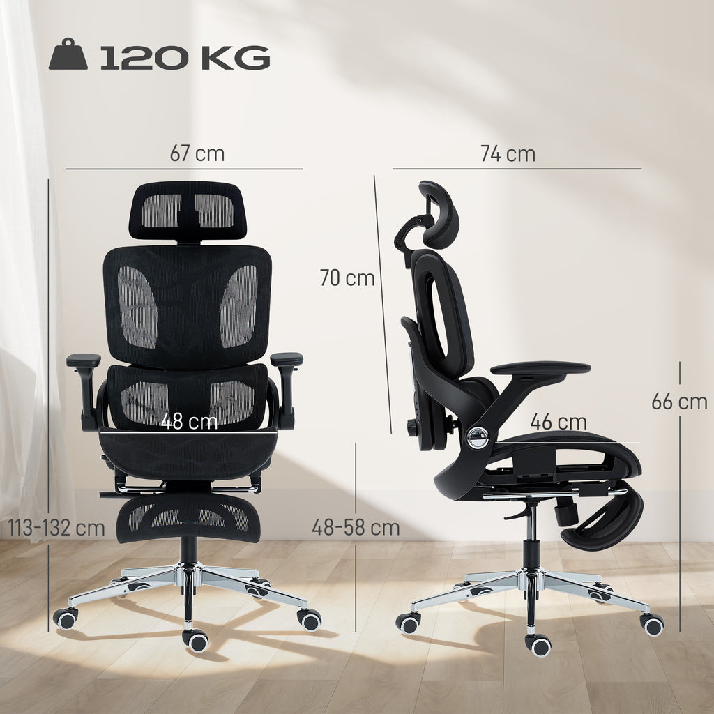 Chaise Bureau Ergonomique avec Accoudoirs 4D Appui-Tête et Profondeur d'Assise Réglables Maille Noir-2