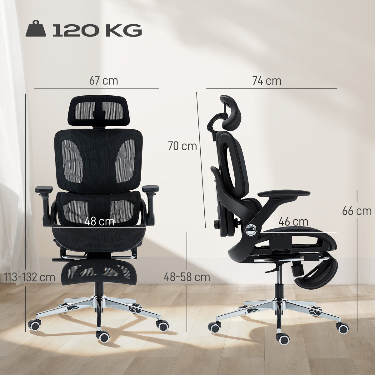 Chaise Bureau Ergonomique avec Accoudoirs 4D Appui-Tête et Profondeur d'Assise Réglables Maille Noir-2